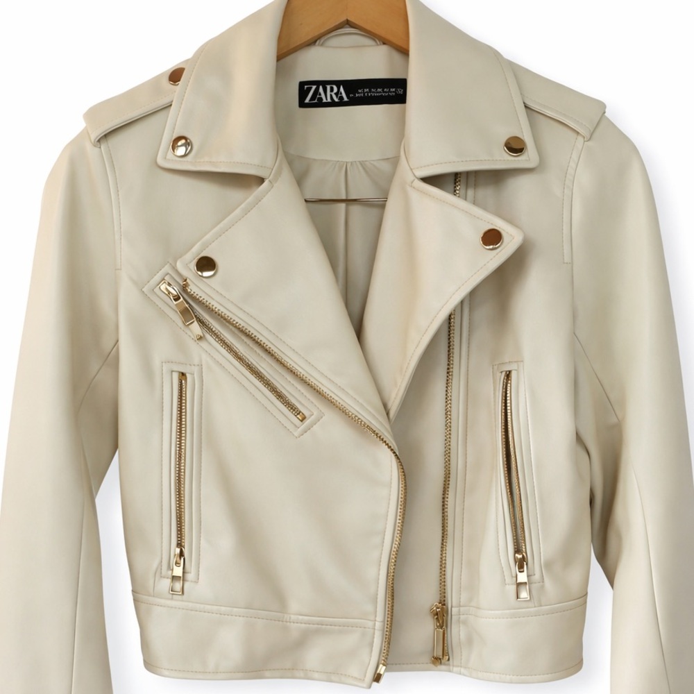 ZARA Faux Leather Moto Jacket XS Cream Beige Biker Style Zippers - Picture 4 of 12